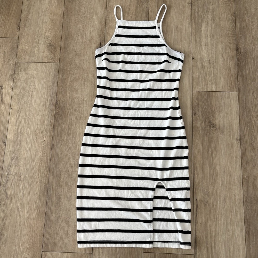 Charlotte Russe White and Black Striped Midi Dress Side Slit Spaghetti Strap S